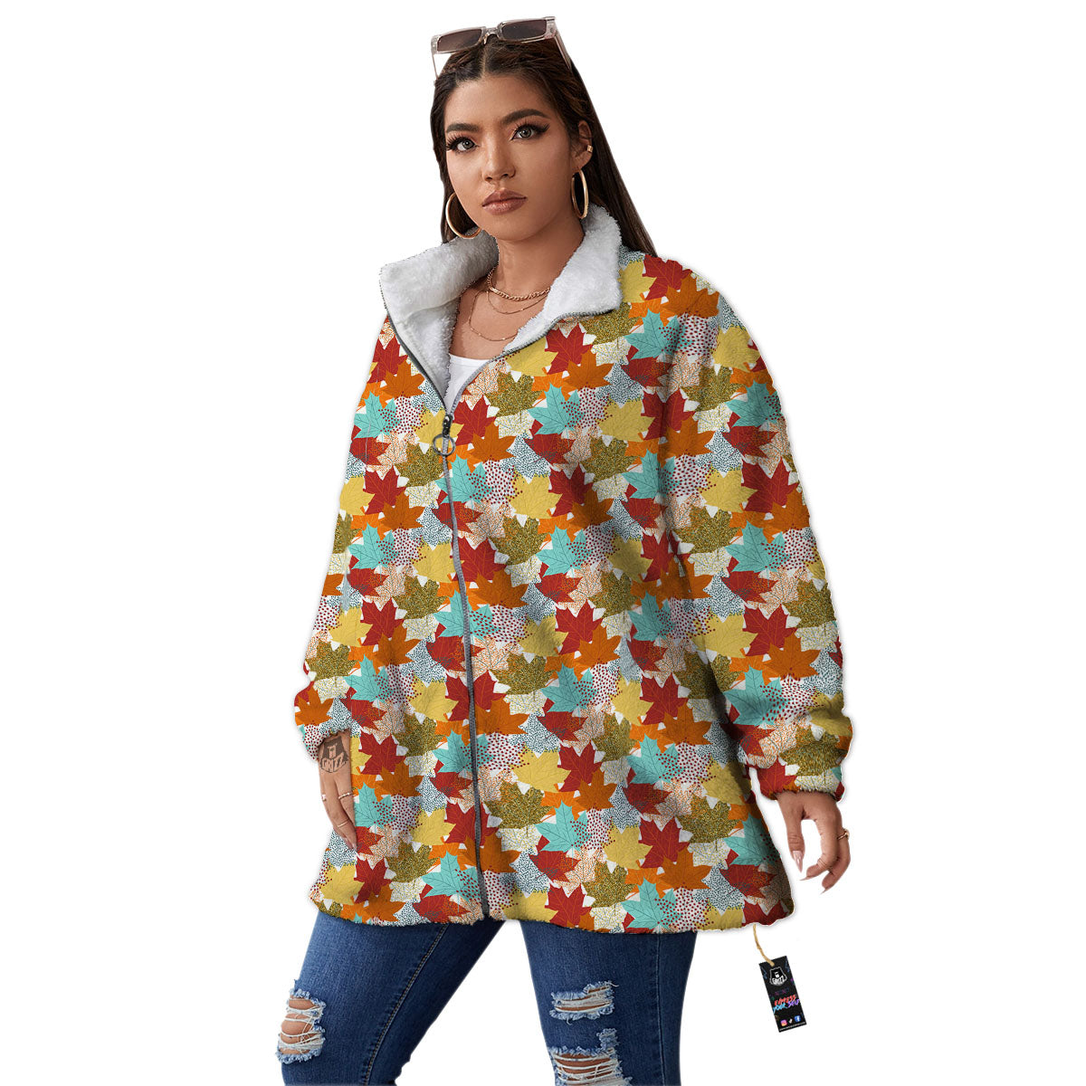Maple Leaf Canadian Print Pattern Women's Sherpa Jacket-grizzshop