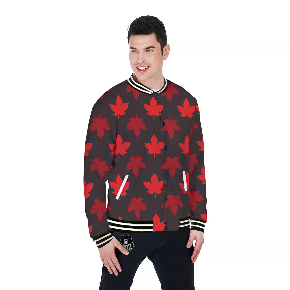 Maple Leaf Red Canadian Print Pattern Baseball Jacket-grizzshop