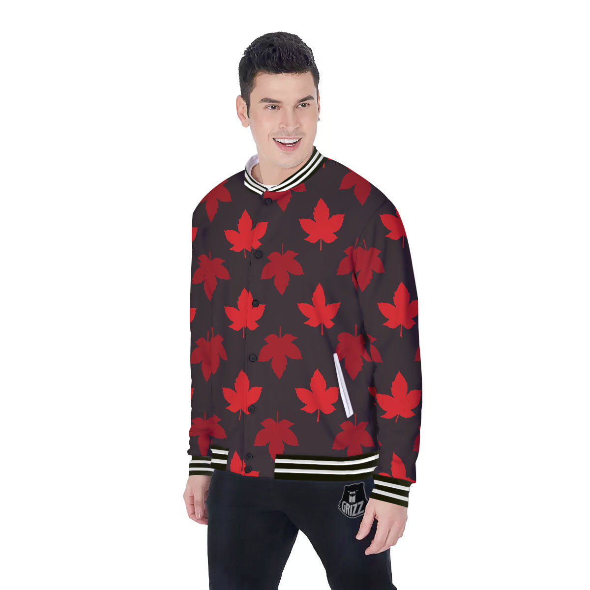 Maple Leaf Red Canadian Print Pattern Baseball Jacket-grizzshop