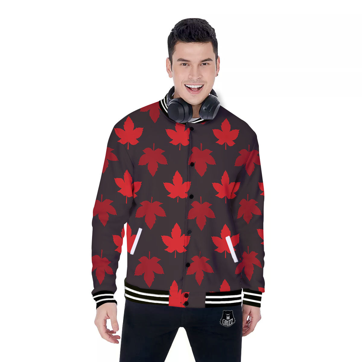 Maple Leaf Red Canadian Print Pattern Baseball Jacket-grizzshop