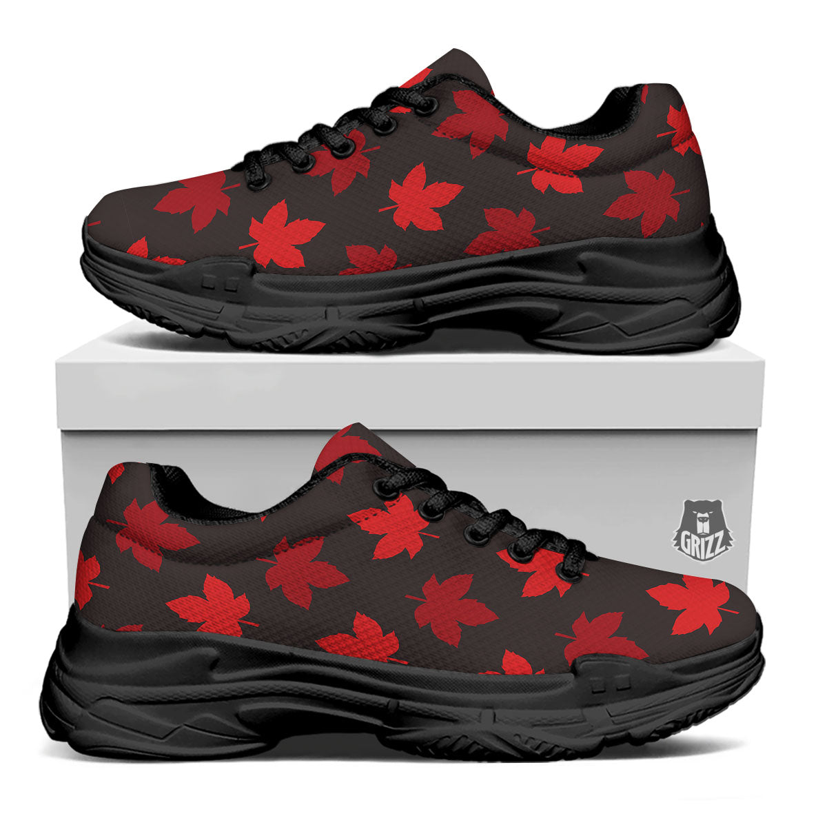 Maple Leaf Red Canadian Print Pattern Black Chunky Shoes-grizzshop