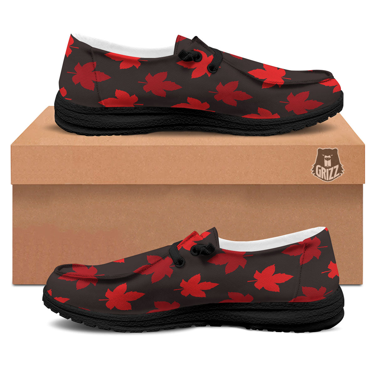Maple Leaf Red Canadian Print Pattern Black Loafers-grizzshop