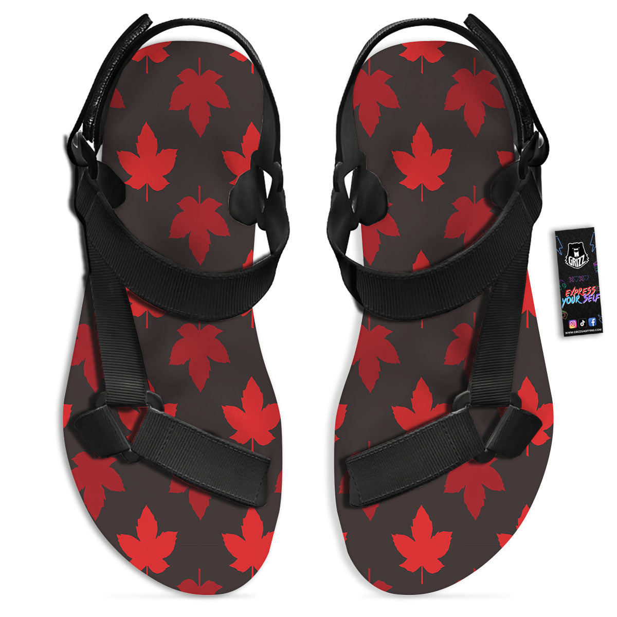 Maple Leaf Red Canadian Print Pattern Black Open Toe Sandals-grizzshop