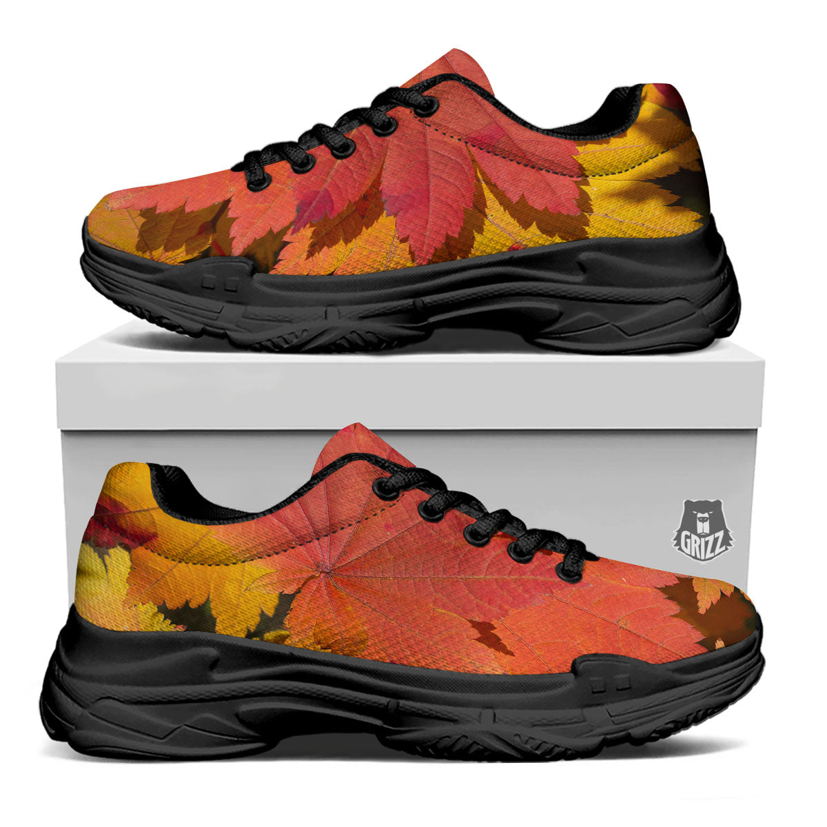 Maple Leaves Autumn Print Black Chunky Shoes-grizzshop