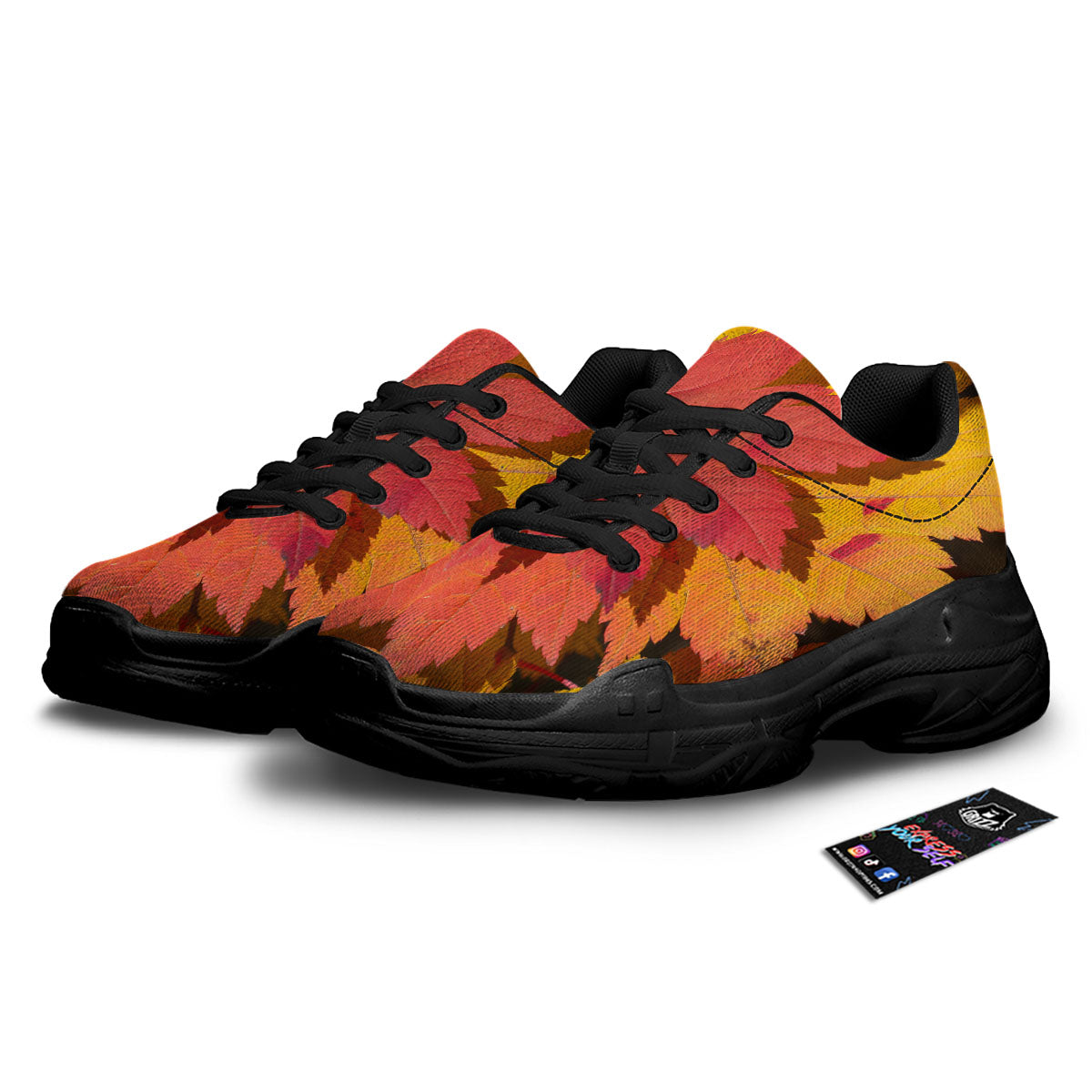 Maple Leaves Autumn Print Black Chunky Shoes-grizzshop