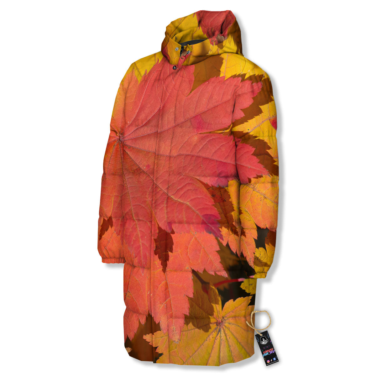 Maple Leaves Autumn Print Long Down Jacket-grizzshop