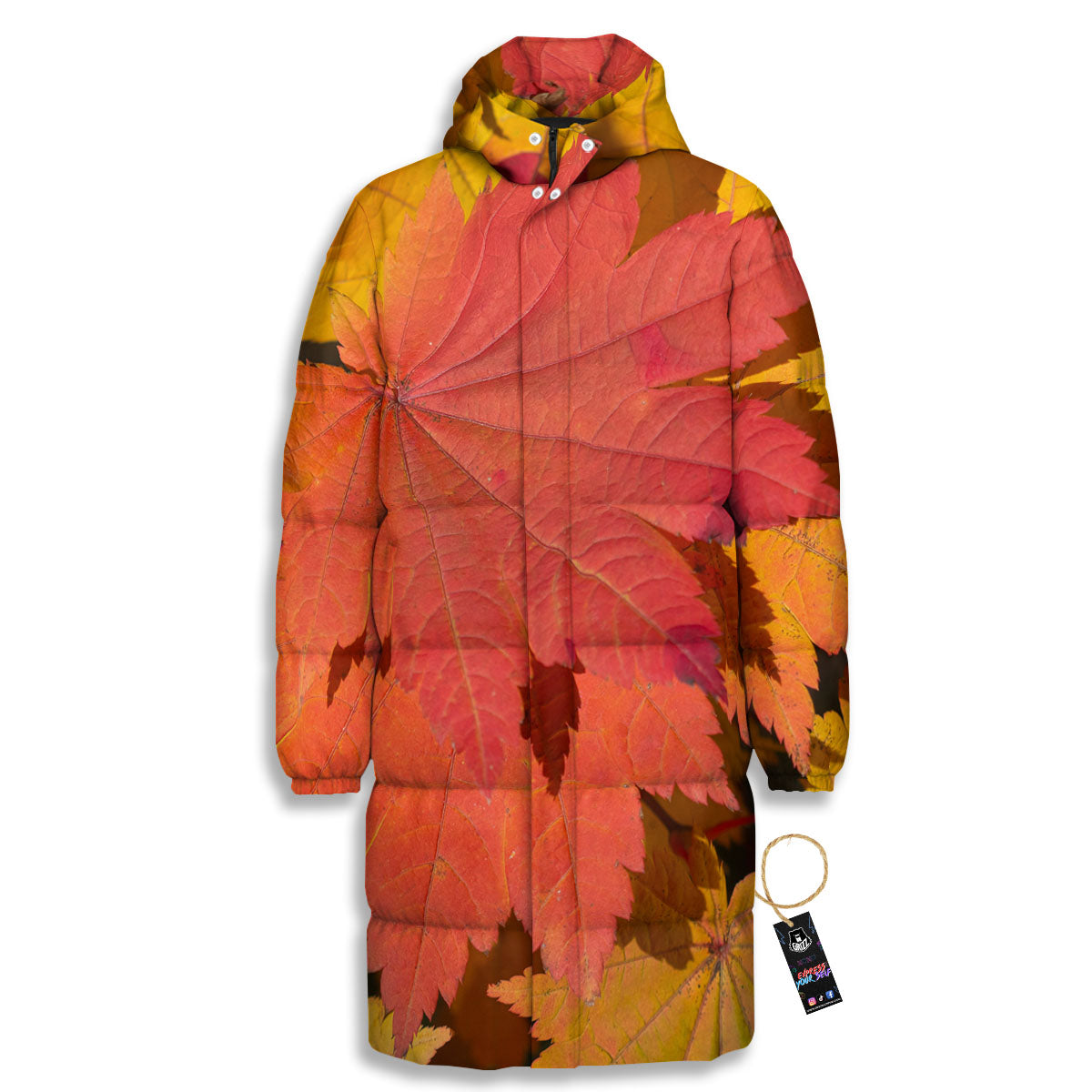 Maple Leaves Autumn Print Long Down Jacket-grizzshop