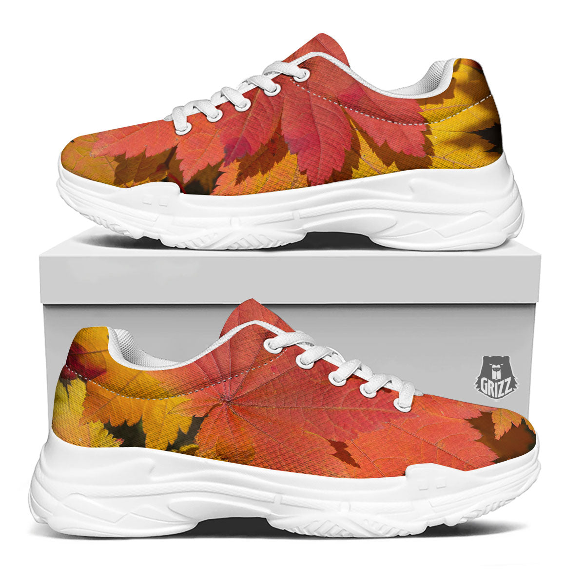 Maple Leaves Autumn Print White Chunky Shoes-grizzshop