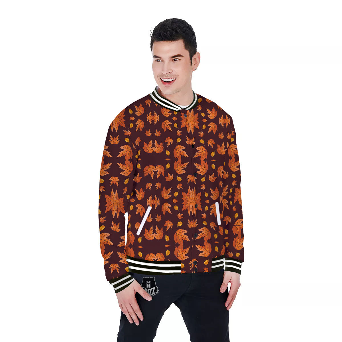 Maple Leaves Orange Print Pattern Baseball Jacket-grizzshop