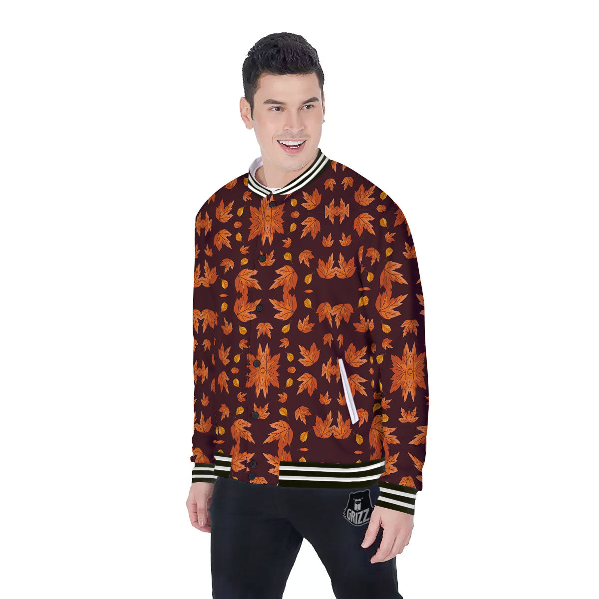 Maple Leaves Orange Print Pattern Baseball Jacket-grizzshop