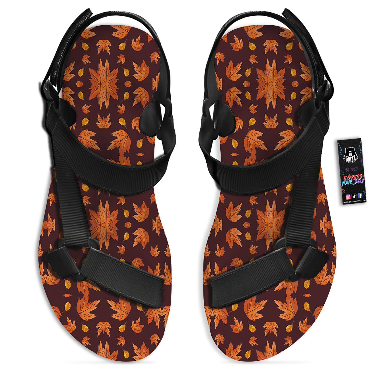 Maple Leaves Orange Print Pattern Black Open Toe Sandals-grizzshop