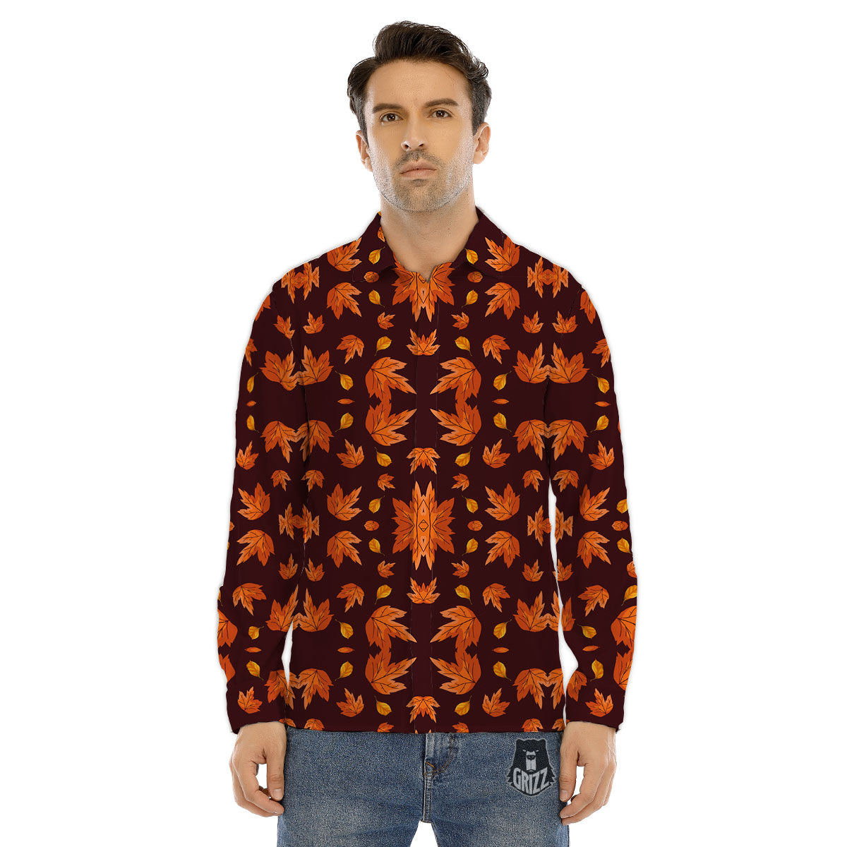 Maple Leaves Orange Print Pattern Men's Dress Shirts-grizzshop