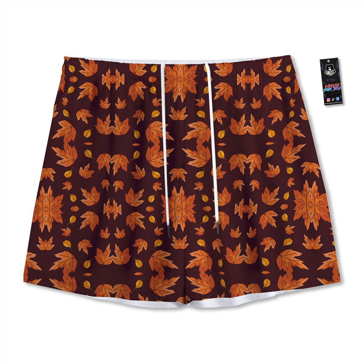 Maple Leaves Orange Print Pattern Mesh Shorts-grizzshop