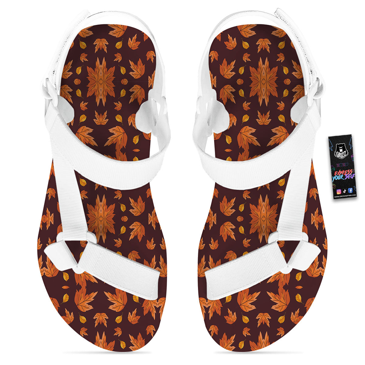 Maple Leaves Orange Print Pattern White Open Toe Sandals-grizzshop