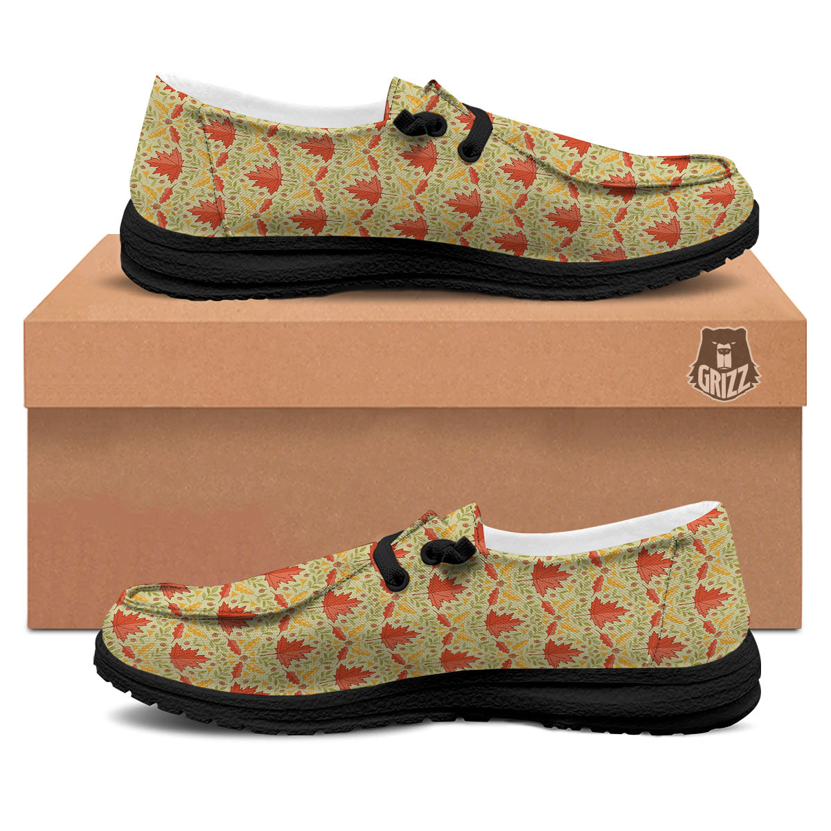 Maple Leaves Print Pattern Black Loafers-grizzshop