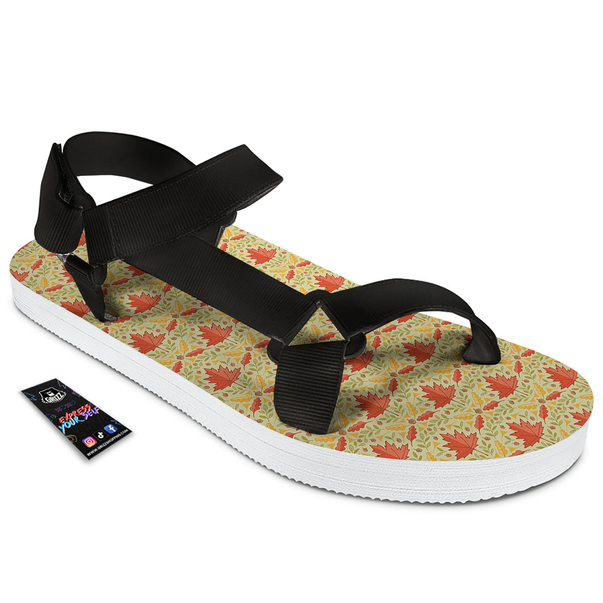 Maple Leaves Print Pattern Black Open Toe Sandals-grizzshop