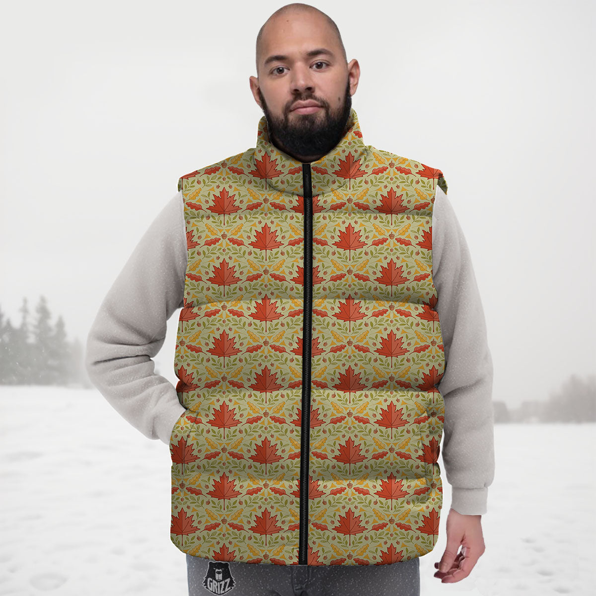 Maple Leaves Print Pattern Down Vest-grizzshop