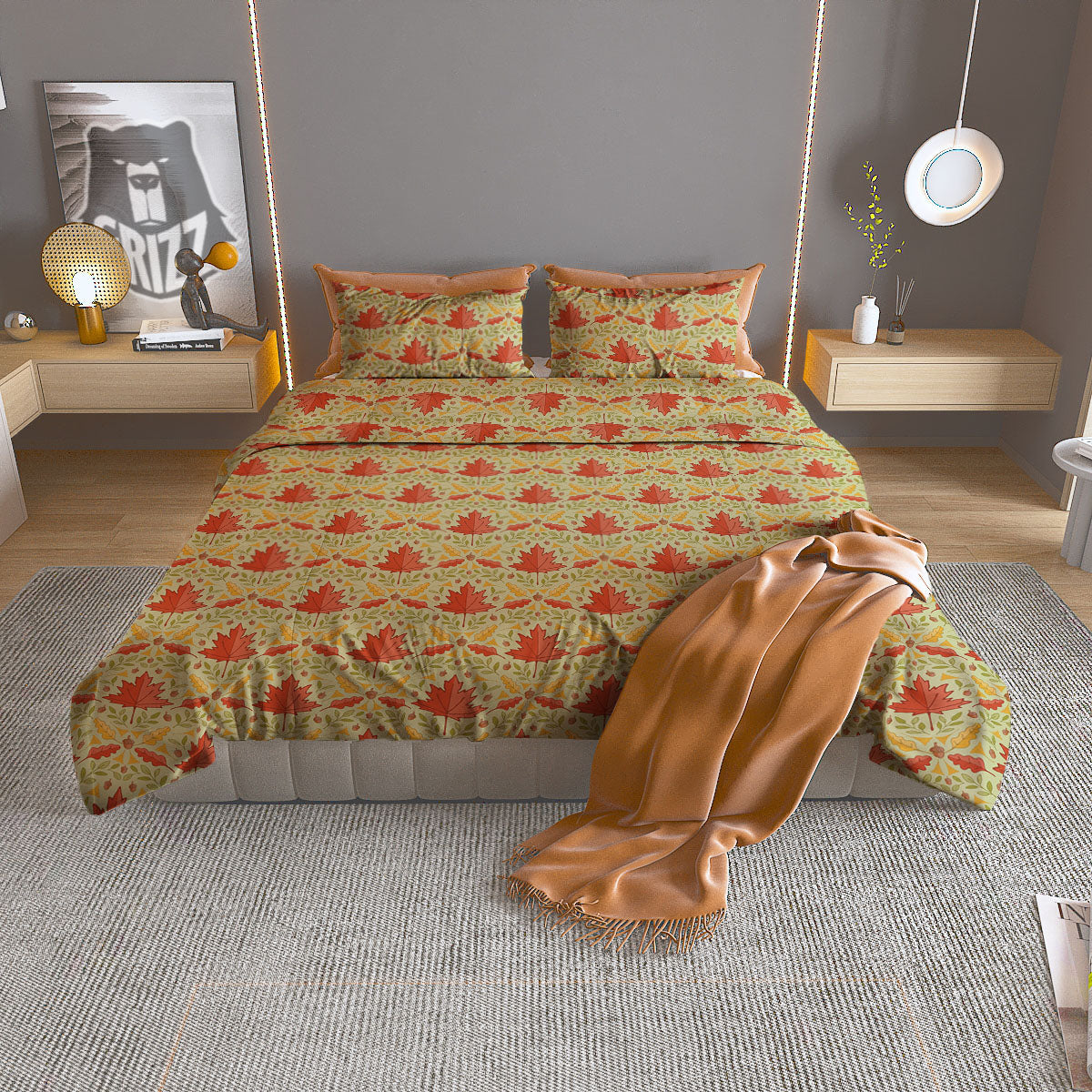 Maple Leaves Print Pattern Duvet Cover Bedding Set-grizzshop