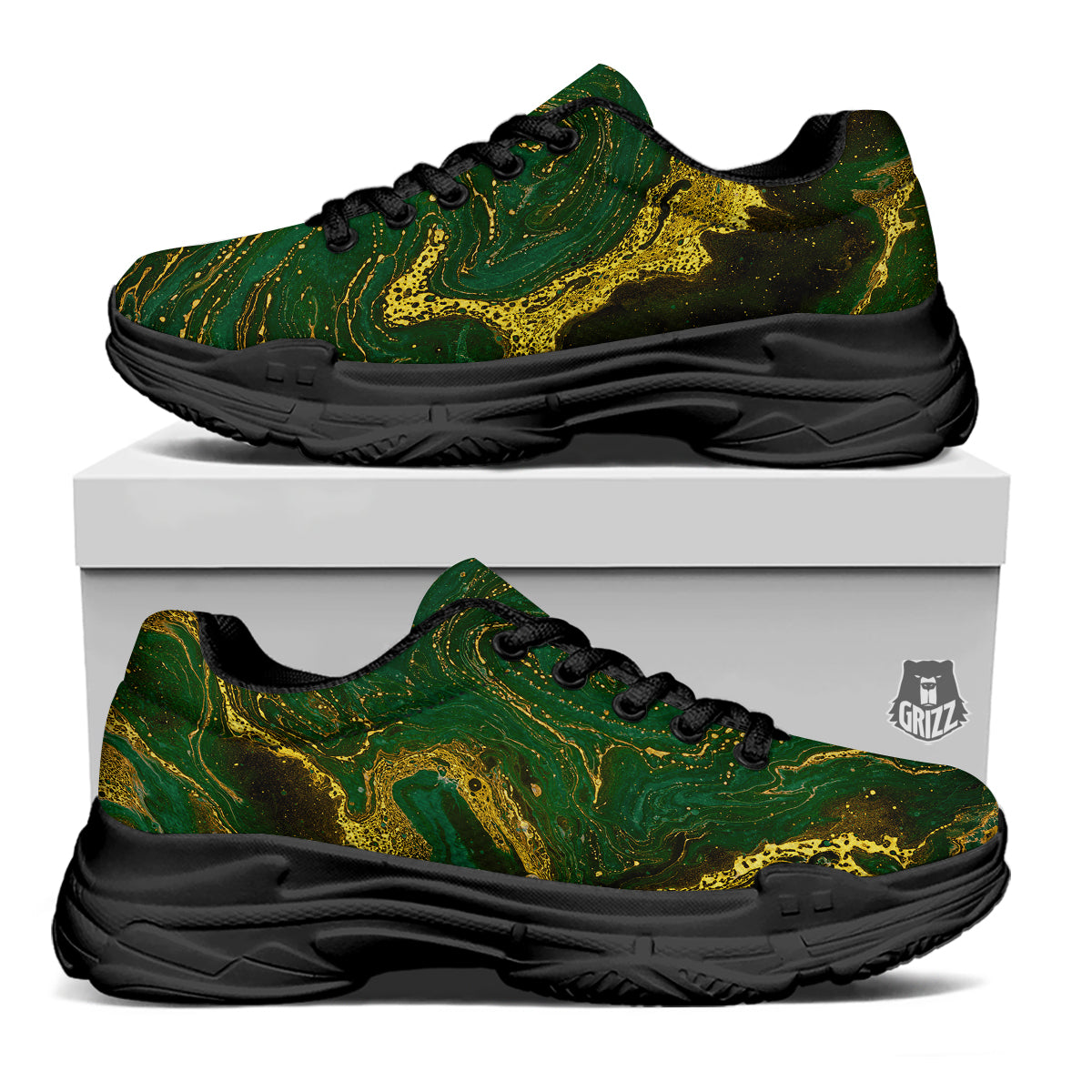 Marble Abstract texture Gold And Dark Green Print Black Chunky Shoes-grizzshop