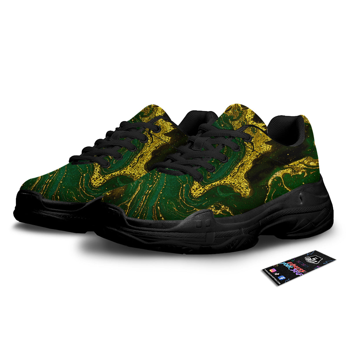 Marble Abstract texture Gold And Dark Green Print Black Chunky Shoes-grizzshop
