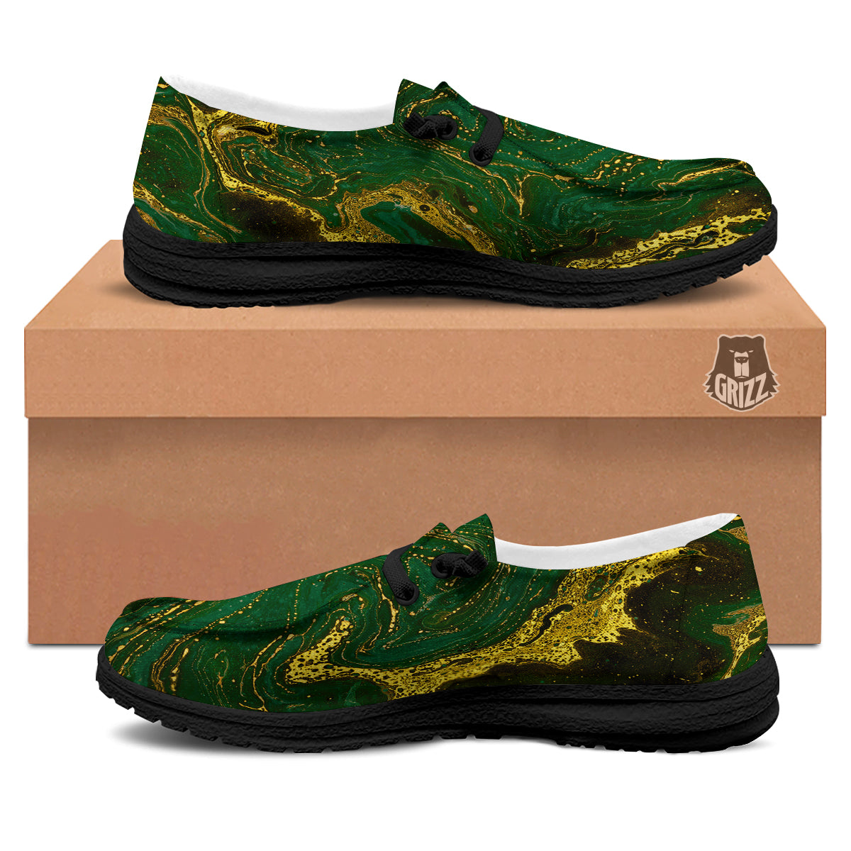 Marble Abstract texture Gold And Dark Green Print Black Loafers-grizzshop