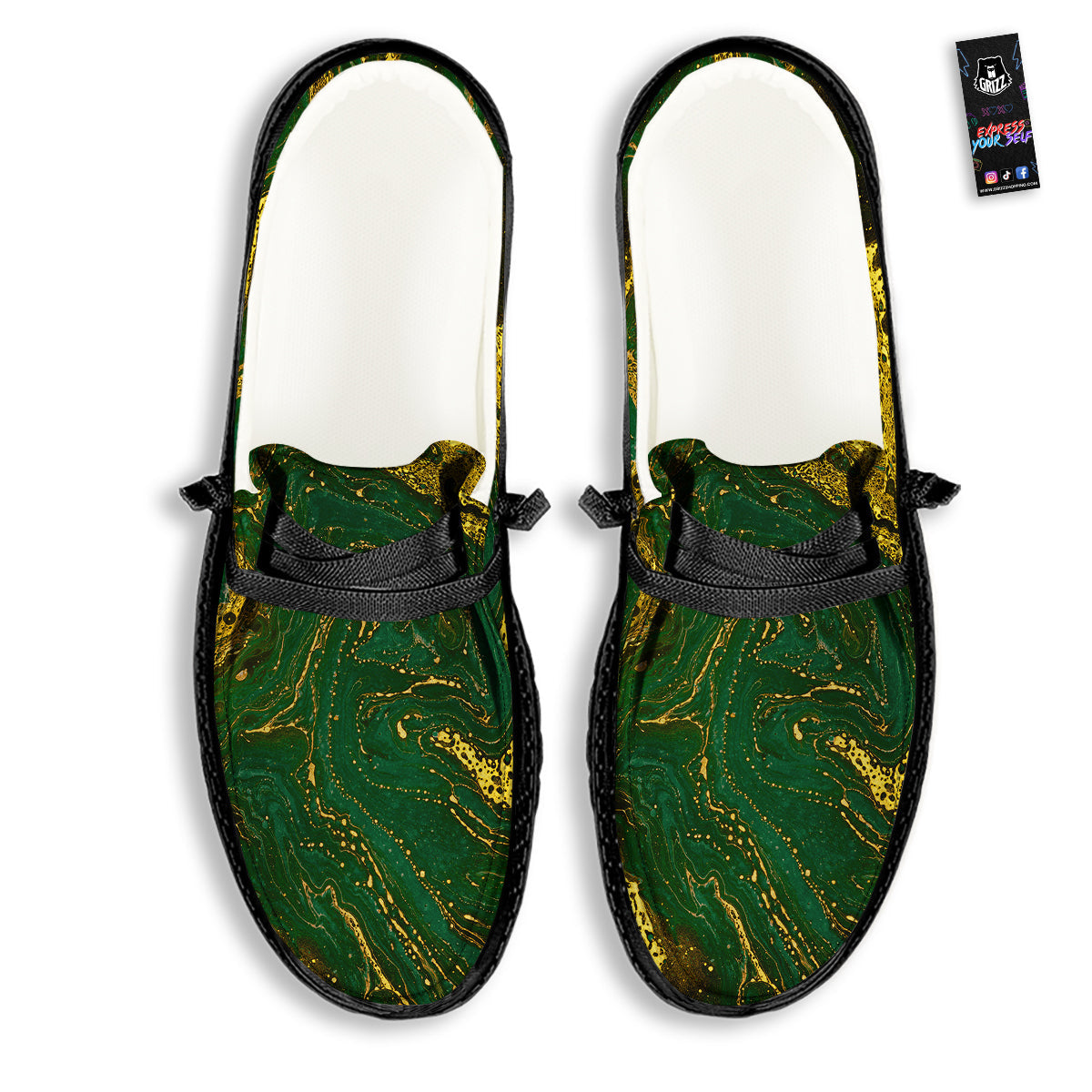Marble Abstract texture Gold And Dark Green Print Black Loafers-grizzshop