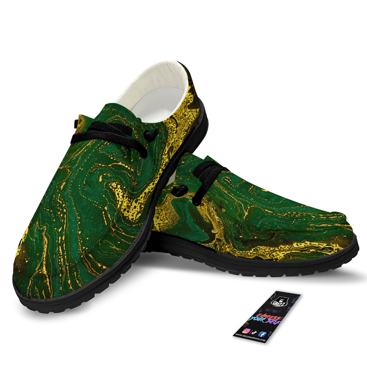 Marble Abstract texture Gold And Dark Green Print Black Loafers-grizzshop