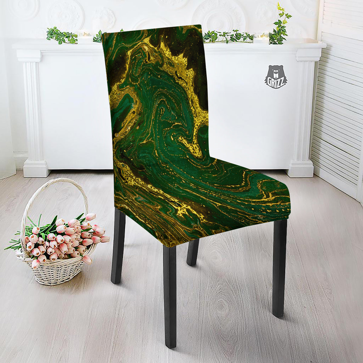 Marble Abstract texture Gold And Dark Green Print Dining Chair Slipcover-grizzshop