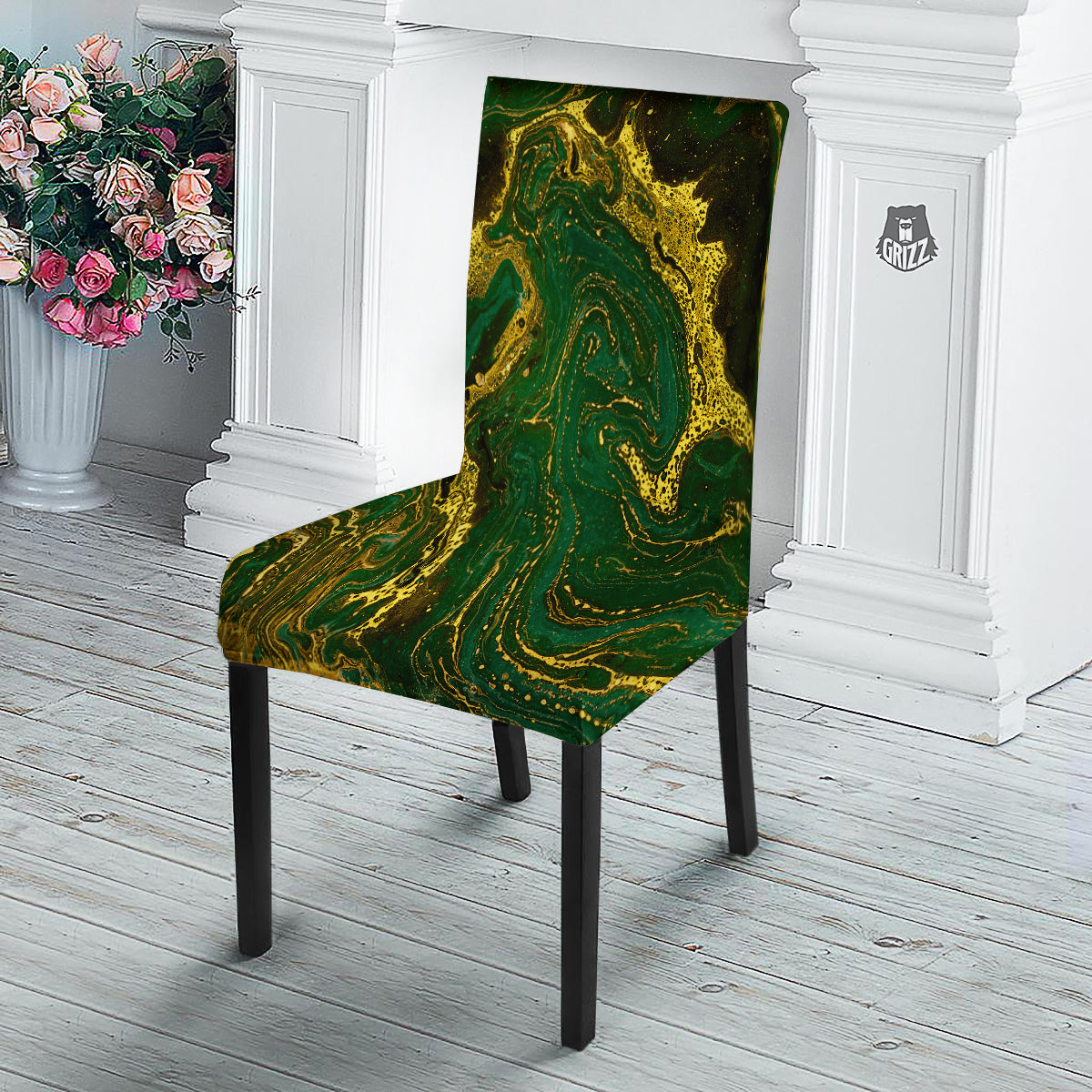 Marble Abstract texture Gold And Dark Green Print Dining Chair Slipcover-grizzshop