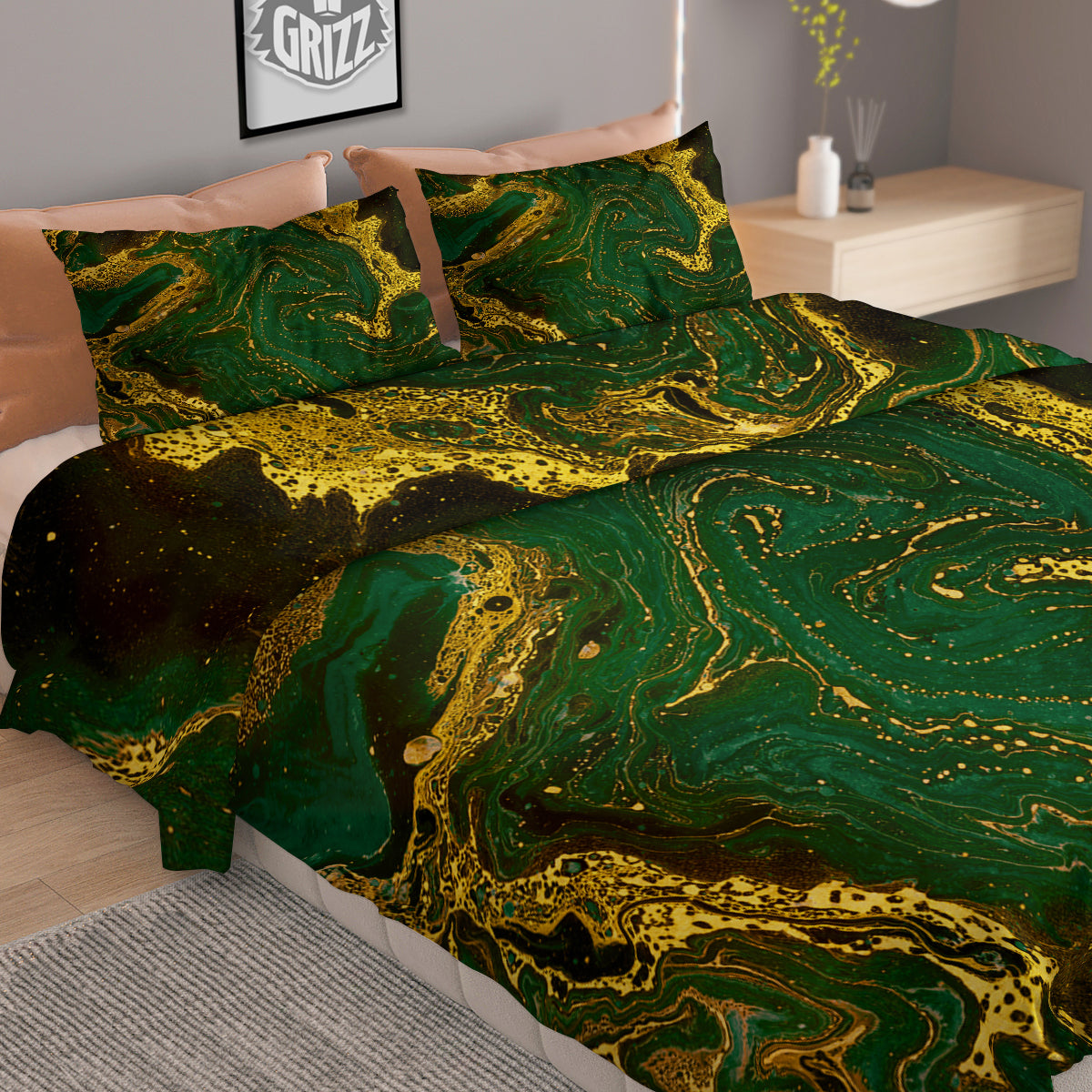 Marble Abstract texture Gold And Dark Green Print Duvet Cover Bedding Set
