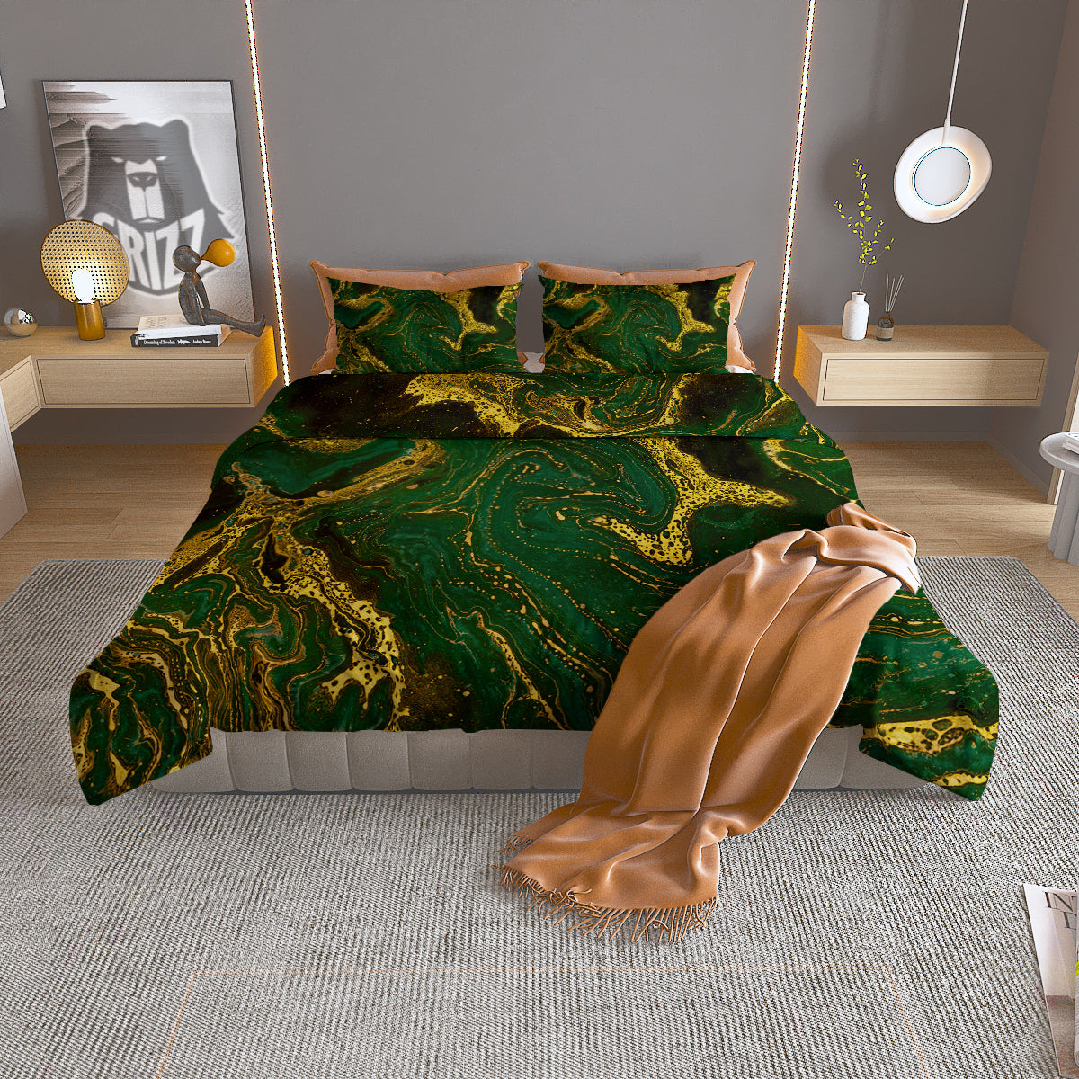 Marble Abstract texture Gold And Dark Green Print Duvet Cover Bedding Set