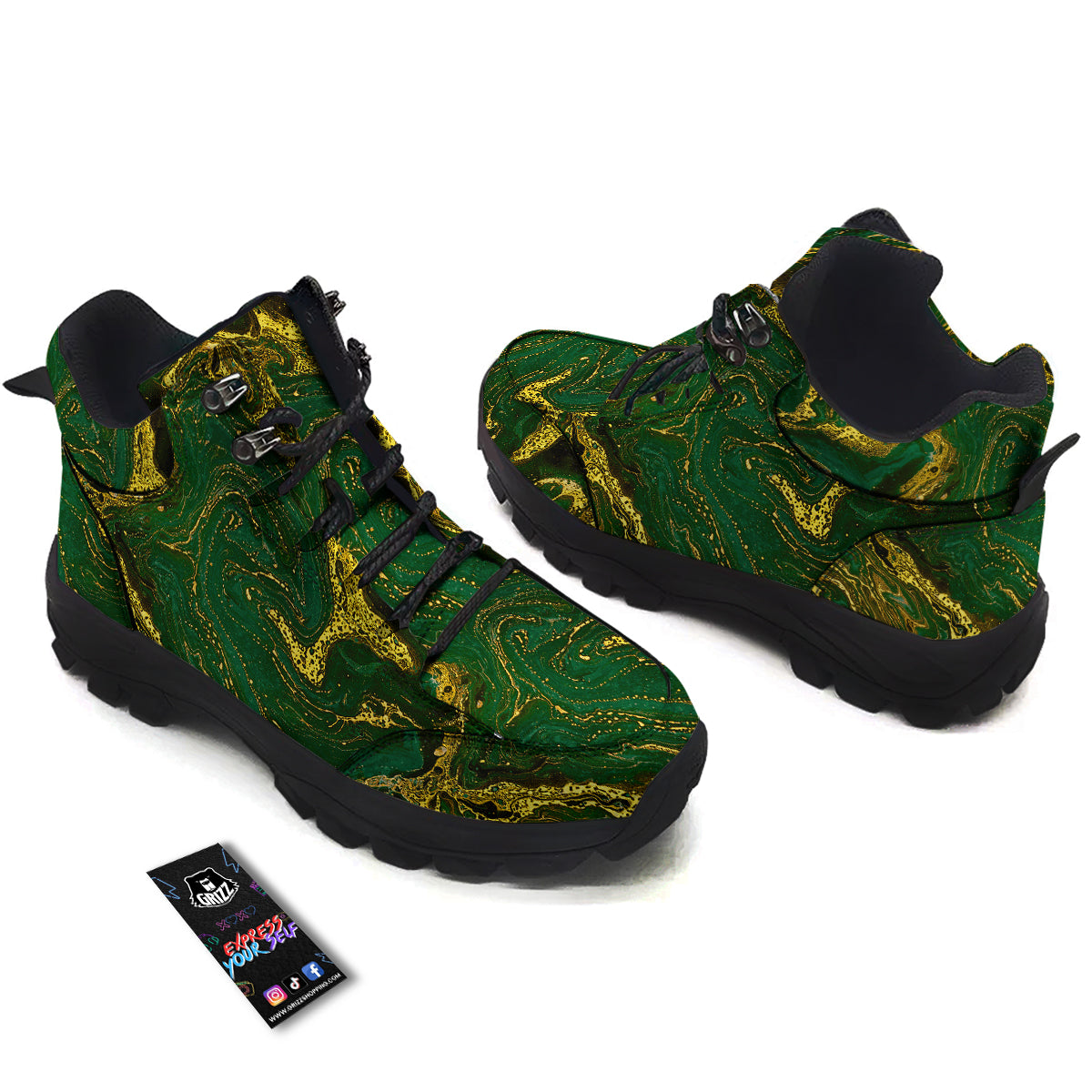 Marble Abstract texture Gold And Dark Green Print Hiking Shoes-grizzshop