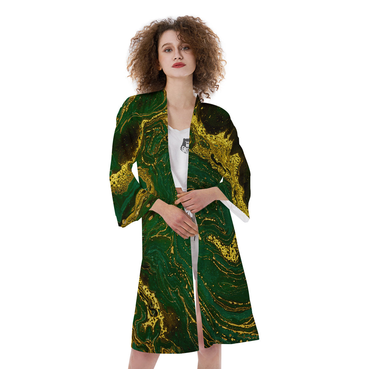 Marble Abstract texture Gold And Dark Green Print Kimono-grizzshop