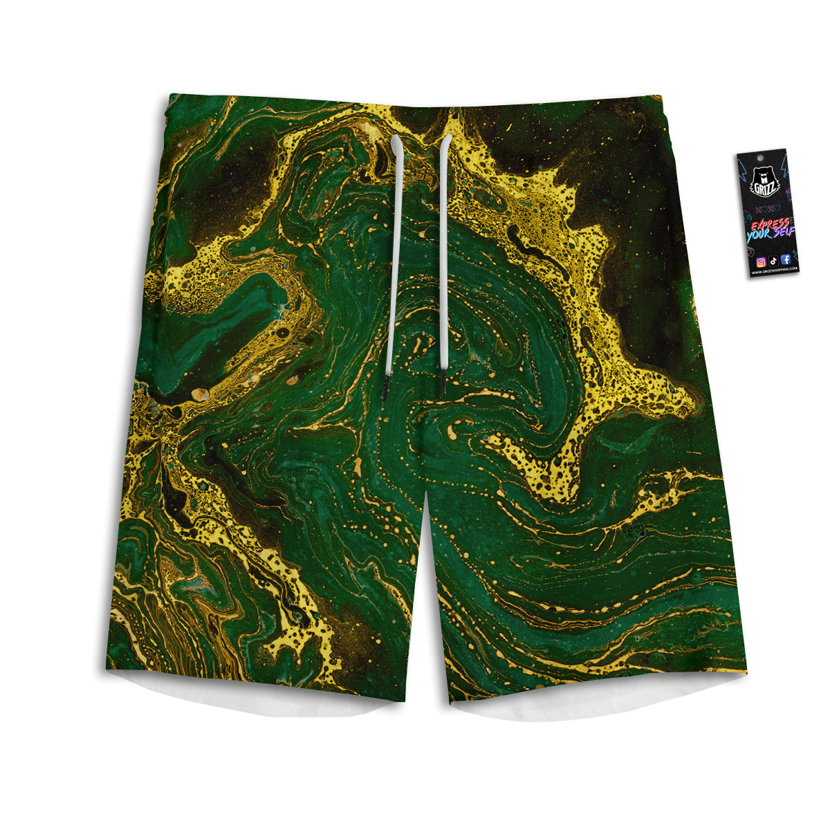 Marble Abstract texture Gold And Dark Green Print Men's Athletic Shorts