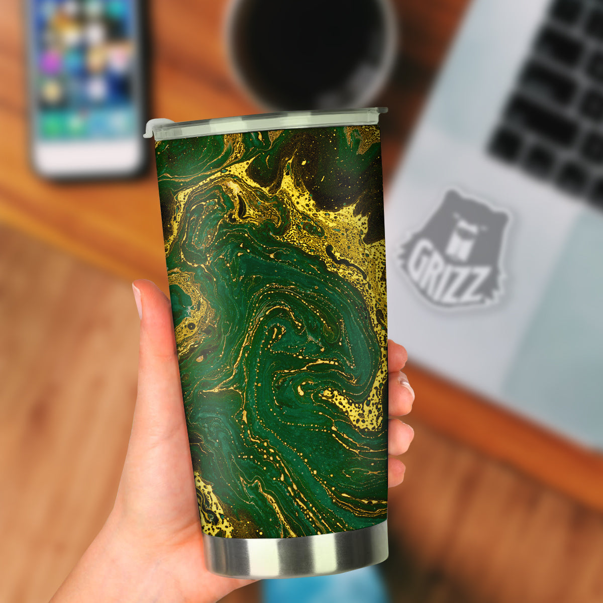 Marble Abstract texture Gold And Dark Green Print Tumbler-grizzshop