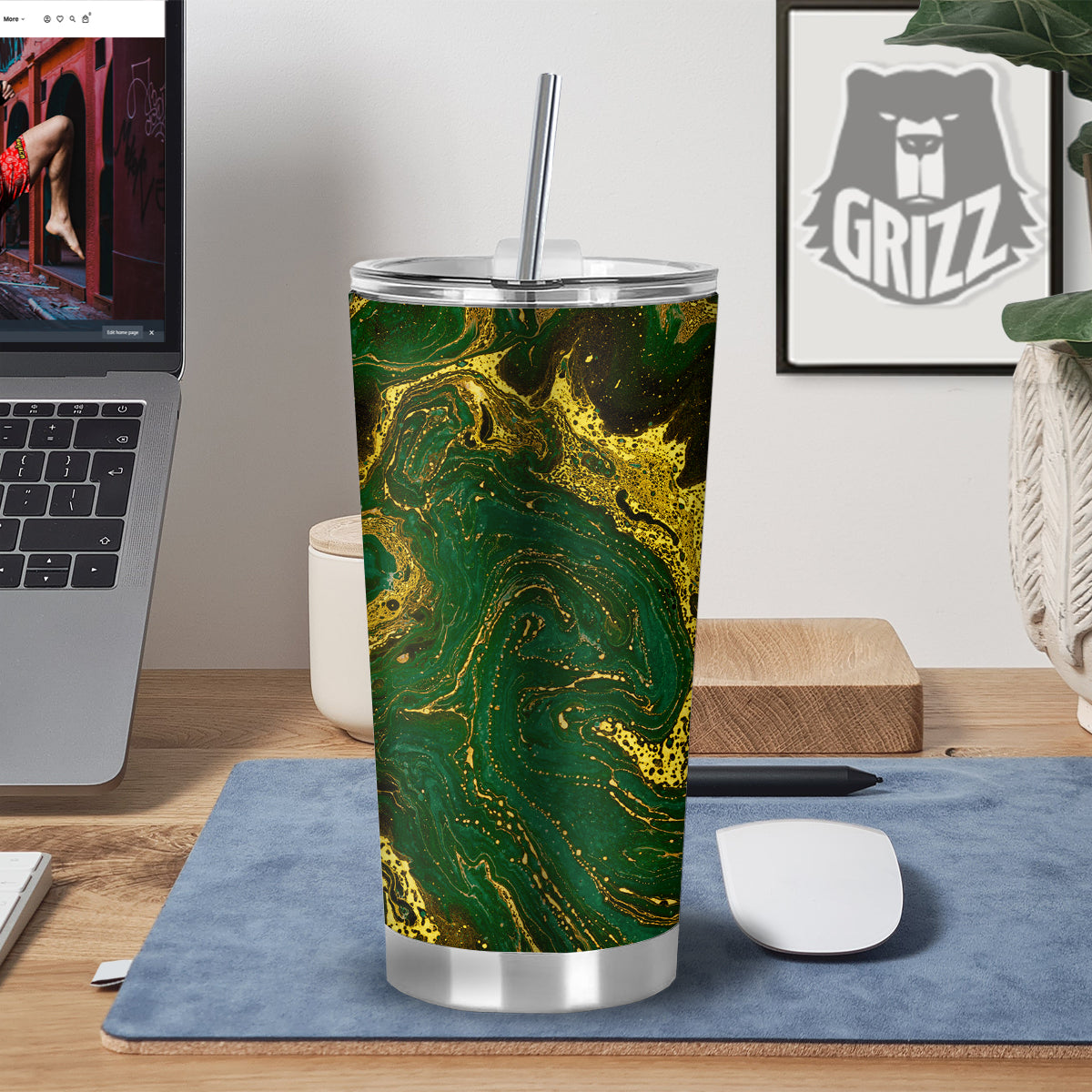 Marble Abstract texture Gold And Dark Green Print Tumbler-grizzshop