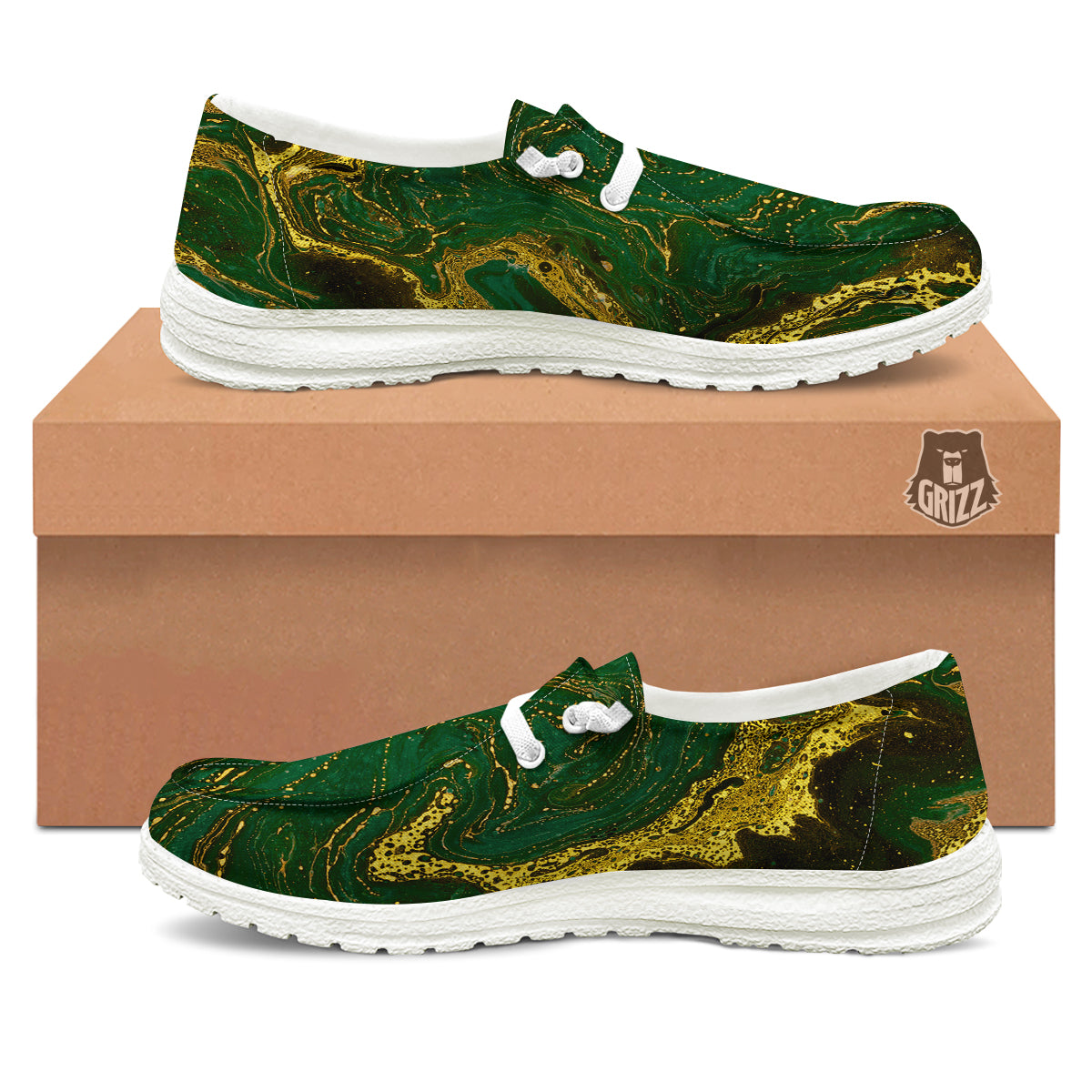 Marble Abstract texture Gold And Dark Green Print White Loafers-grizzshop