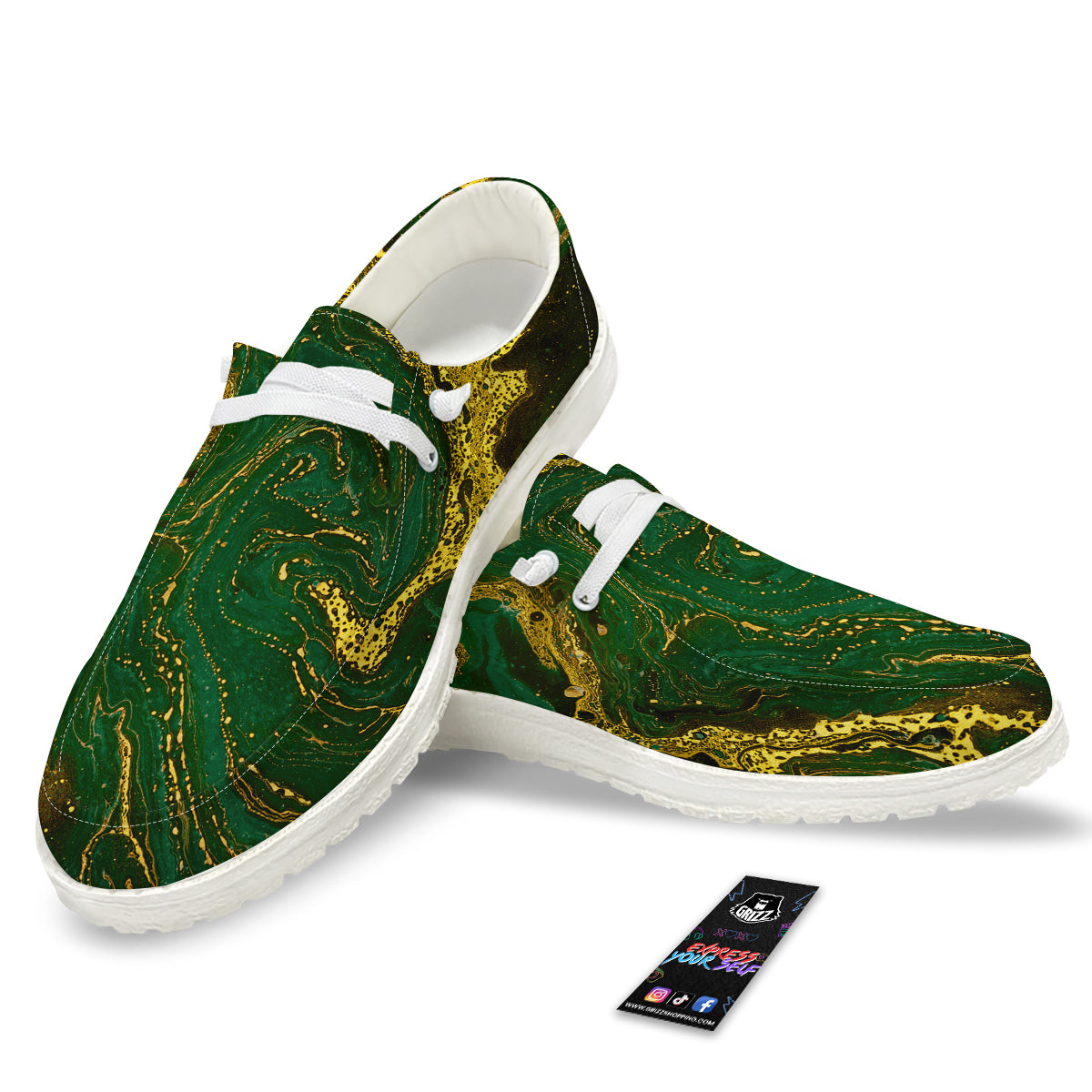 Marble Abstract texture Gold And Dark Green Print White Loafers-grizzshop