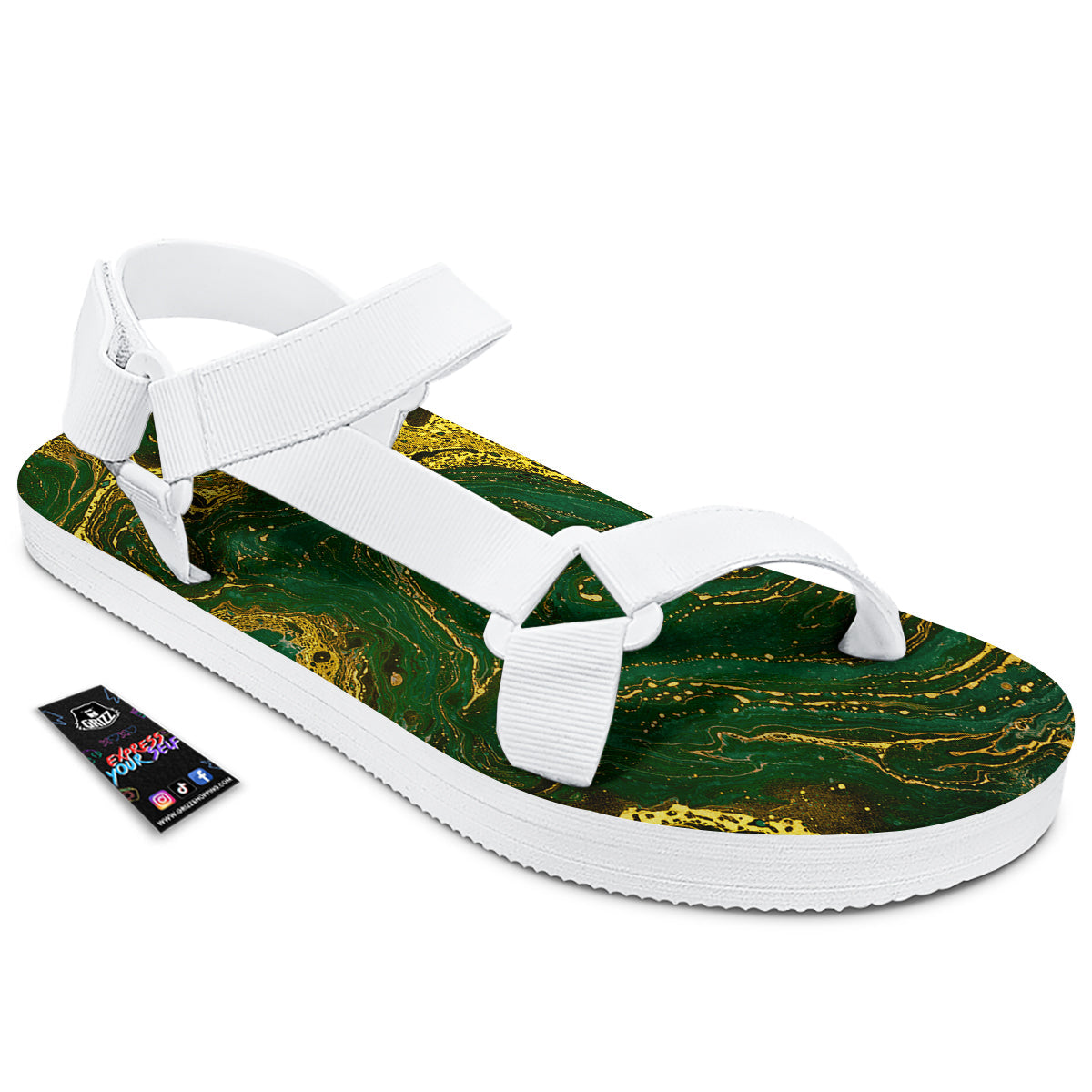 Marble Abstract texture Gold And Dark Green Print White Open Toe Sandals-grizzshop