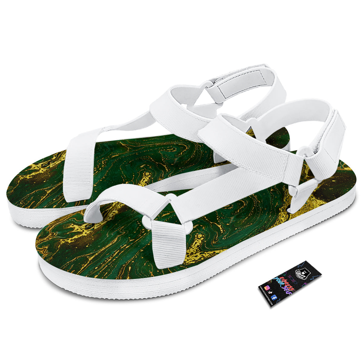 Marble Abstract texture Gold And Dark Green Print White Open Toe Sandals-grizzshop