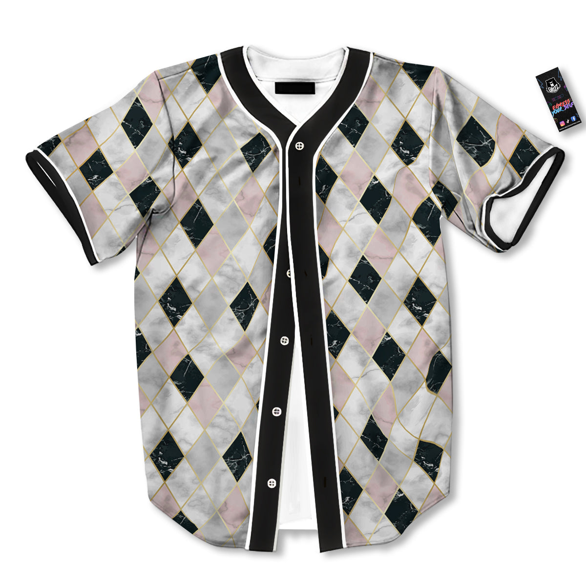 Marble Argyle White Pink And Black Print Baseball Jersey-grizzshop