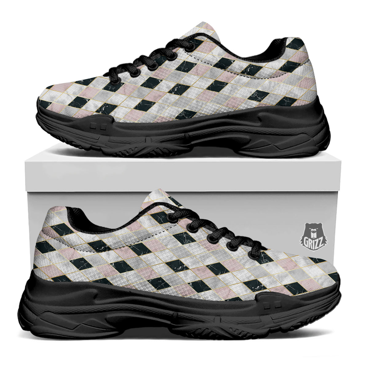 Marble Argyle White Pink And Black Print Black Chunky Shoes-grizzshop