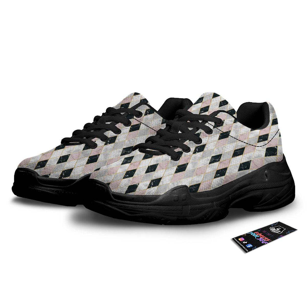 Marble Argyle White Pink And Black Print Black Chunky Shoes-grizzshop