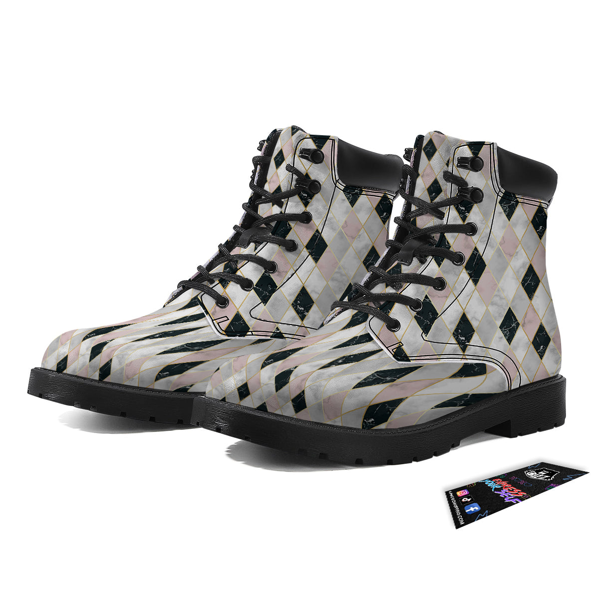 Marble Argyle White Pink And Black Print Boots-grizzshop