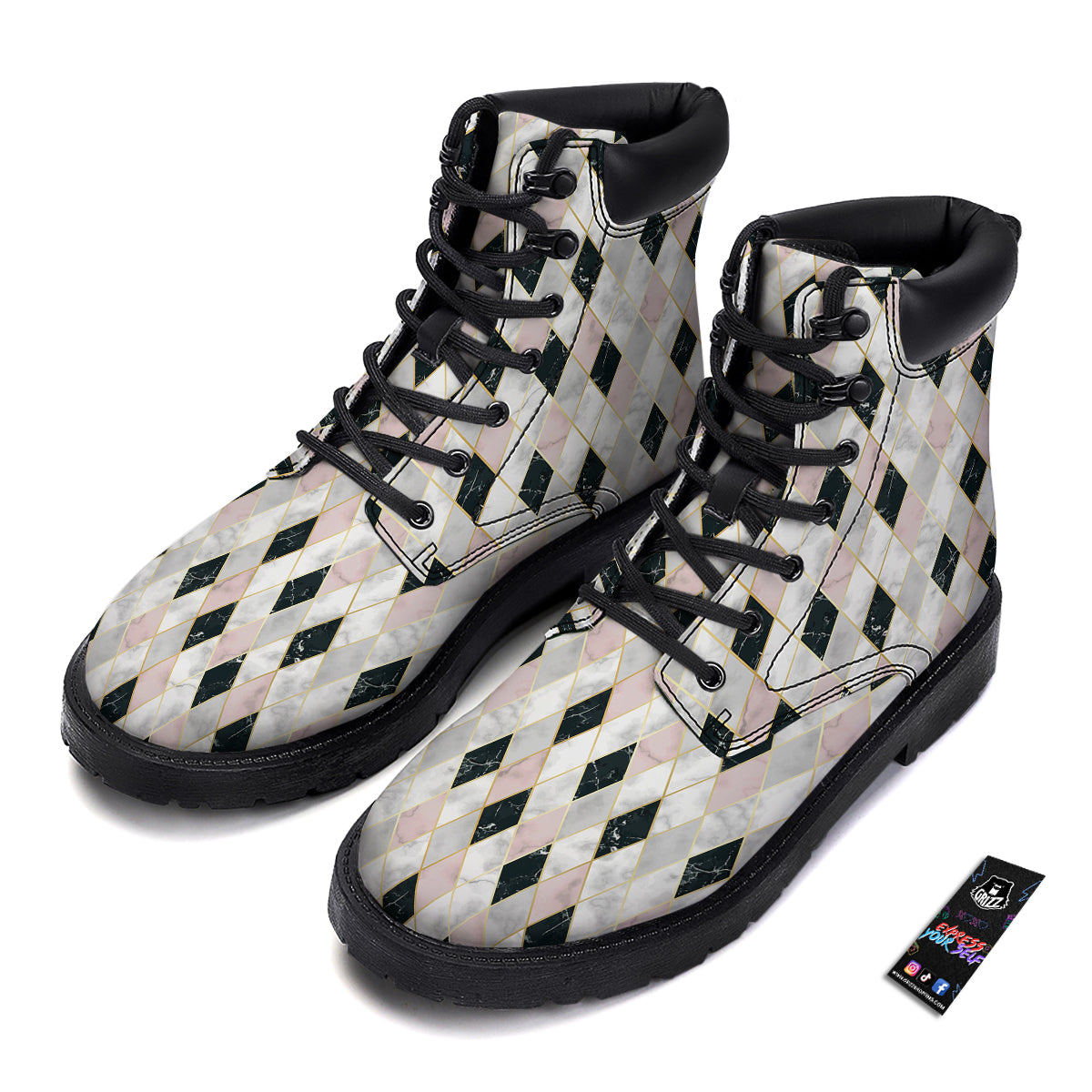 Marble Argyle White Pink And Black Print Boots-grizzshop