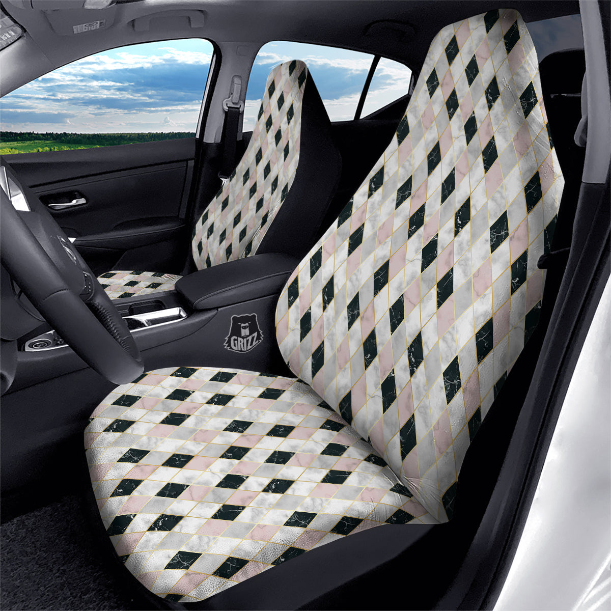 Marble Argyle White Pink And Black Print Car Seat Covers-grizzshop