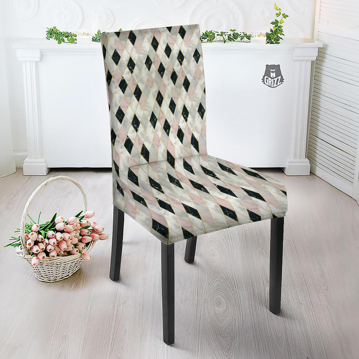 Marble Argyle White Pink And Black Print Dining Chair Slipcover-grizzshop