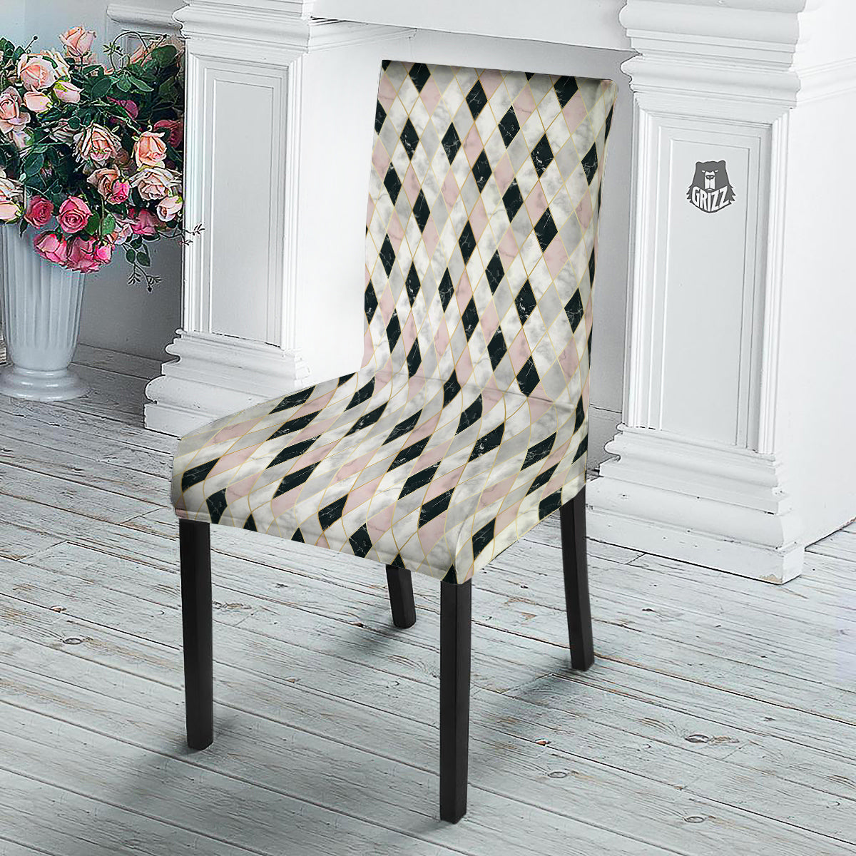 Marble Argyle White Pink And Black Print Dining Chair Slipcover-grizzshop