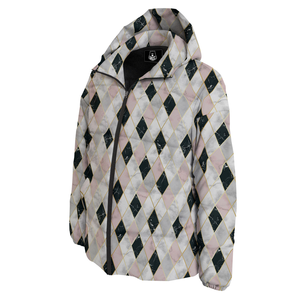 Marble Argyle White Pink And Black Print Down Jacket-grizzshop