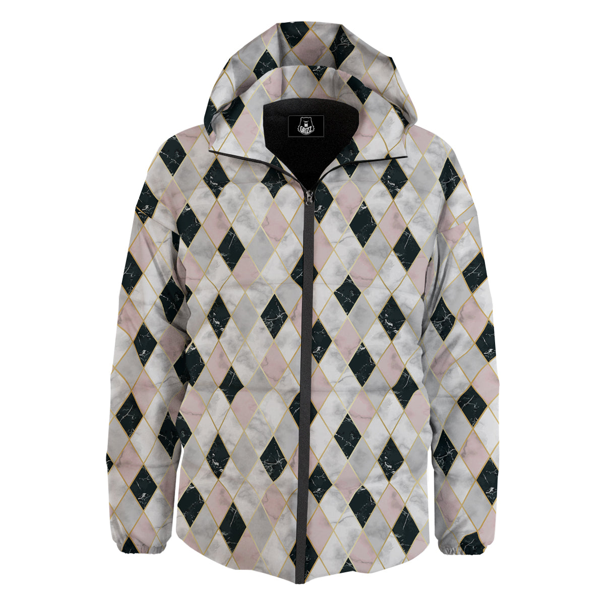 Marble Argyle White Pink And Black Print Down Jacket-grizzshop